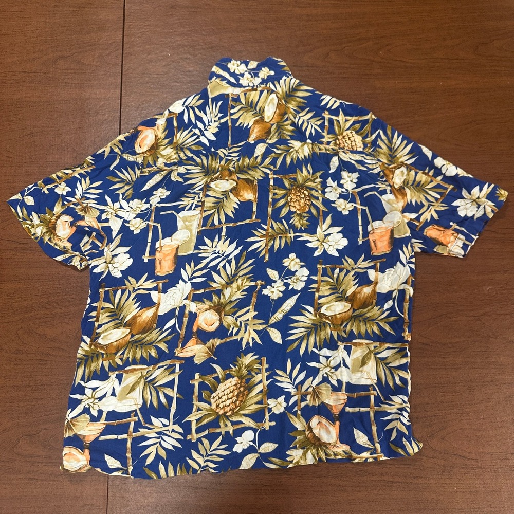 Caribbean Joe Mens Blue Tropical Pineapple Coconut Rayon Button Down Shirt L - Picture 5 of 10